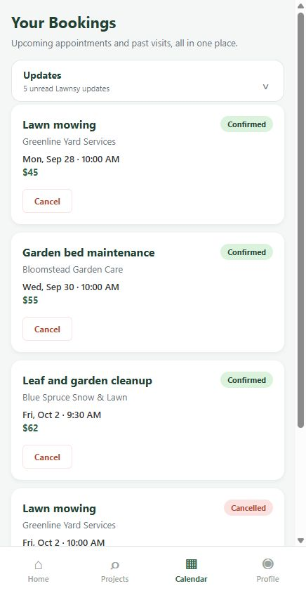 Lawnsy homeowner bookings screen